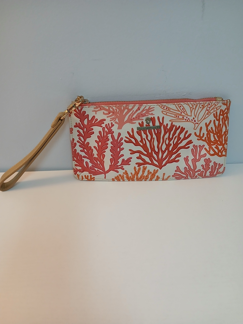 Spartina 449 Coral Print Wristlet Clutch w/leather Trim - Pink & Orange